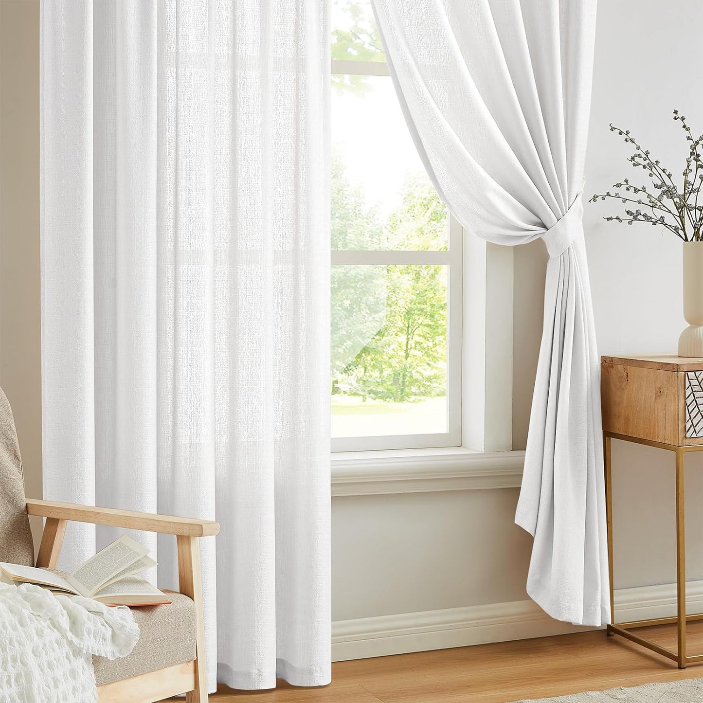 Anpark White Semi Sheer Curtains Linen Rod Pocket Curtains Tiebacks Included Semi Sheers, Privacy & Serenity for Bedroom, Soft Light for Relaxation - 52" W X 84" L, 2 Panels  Anpark   