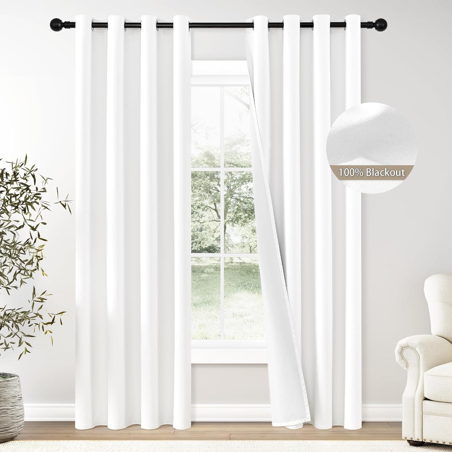 Full Blackout Curtains 84 Inches Long for Bedroom, Neutral Flax Linen Black Out Drapes, 2 Panels Grommet Room Darkening Curtains 84 Inch Length with Backing for Living Room Light Beige 52X84  ChrisDowa Pure White 52W X 84L 