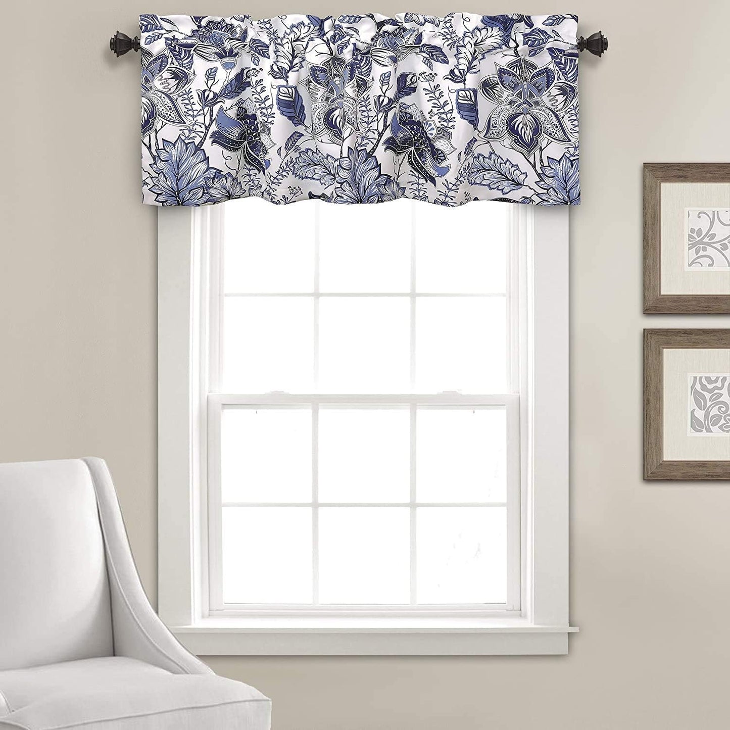 Lush Decor Cynthia Jacobean Light Filtering Window Curtain Set, 84" L Panel Pair, Blue, 2 Count  Triangle Home Fashions Blue Valance 
