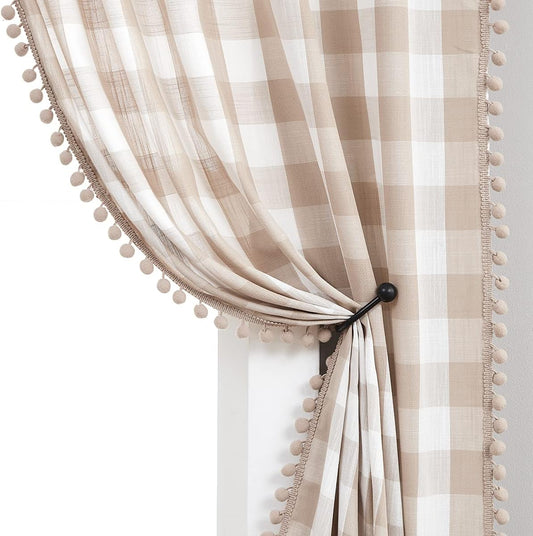 Treatmentex Buffalo Check Curtains 84Inch Farmhouse Pom Pom Drapes for Living Room Vintage Gingham Plaid Semi Sheer Tan Window Curtains for Bedroom Kitchen 2 Panels Rod Pocket Taupe and White  Natural Decoratex Taupe And White 40"W X 63"L 2Pcs 