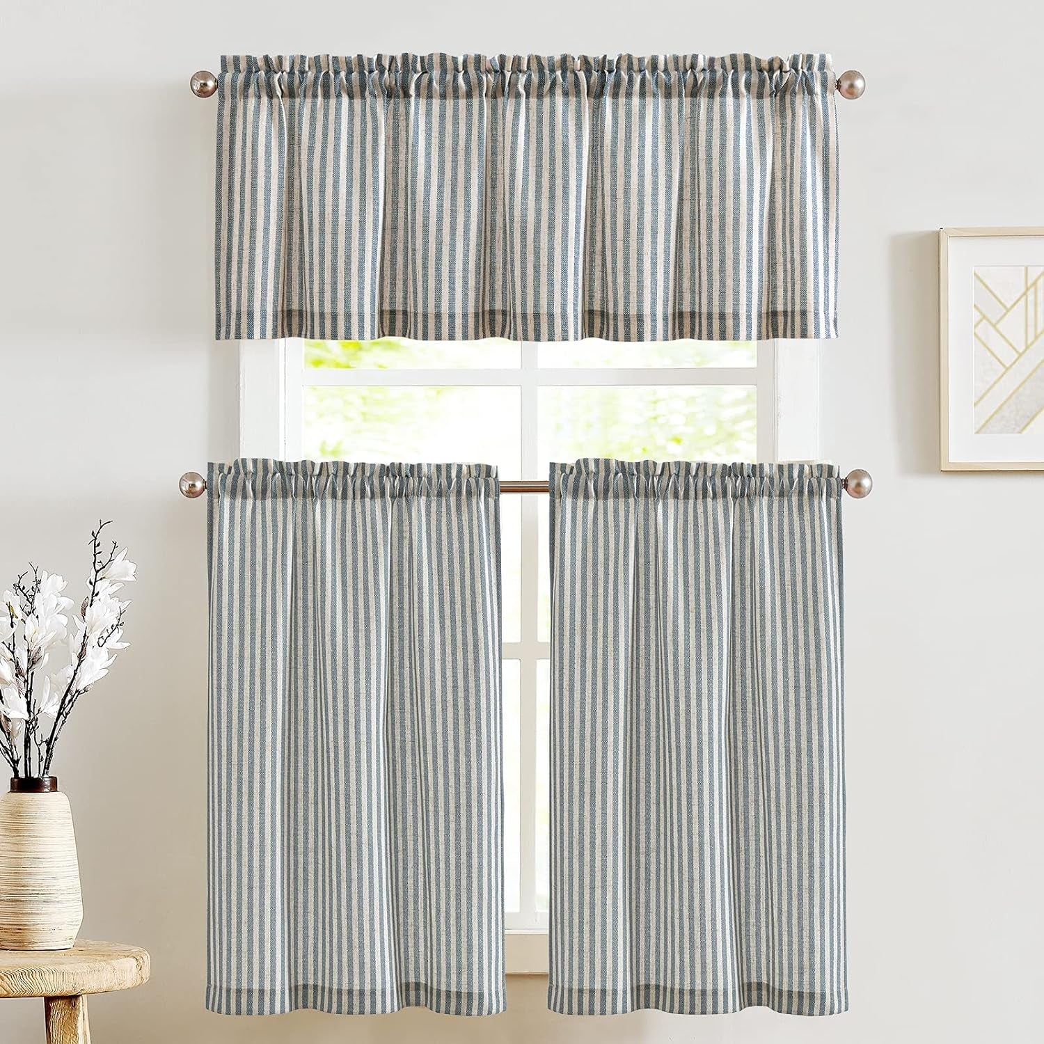 Jinchan Kitchen Curtains and Valances Set Striped Tier Curtains Ticking Stripe Linen Curtains Pinstripe Cafe Curtains 36 Inch for Living Room Bathroom Farmhouse 3 Pieces Set Rod Pocket Taupe on Beige