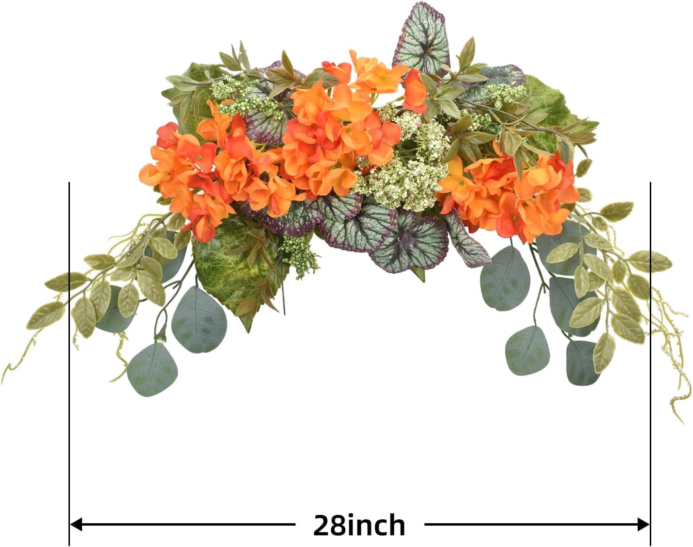 Eucalyptus Swag, Floral Hydrangea Flower Swags 28 Inch, Spring Greenery Swag, Decorative Door Swags with Begonia Leaves for Home Room Front Door Wedding Arch Garden Party Tabletop Wall Decor(Orange)