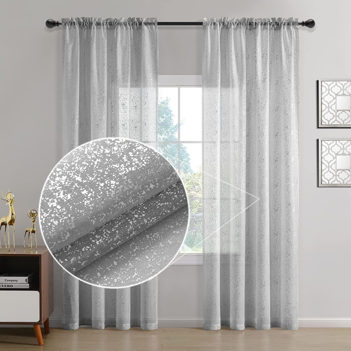 Silver Sheer Curtains 84 Inch Long - Chic Sparkle Curtains for Living Room, Rod Pocket Glitter Sheer Curtains for Windows Privacy Silver Grey Sheer Panels, 52 X 84 Inch, 2 Panels, Silver Gray  TERLYTEX   