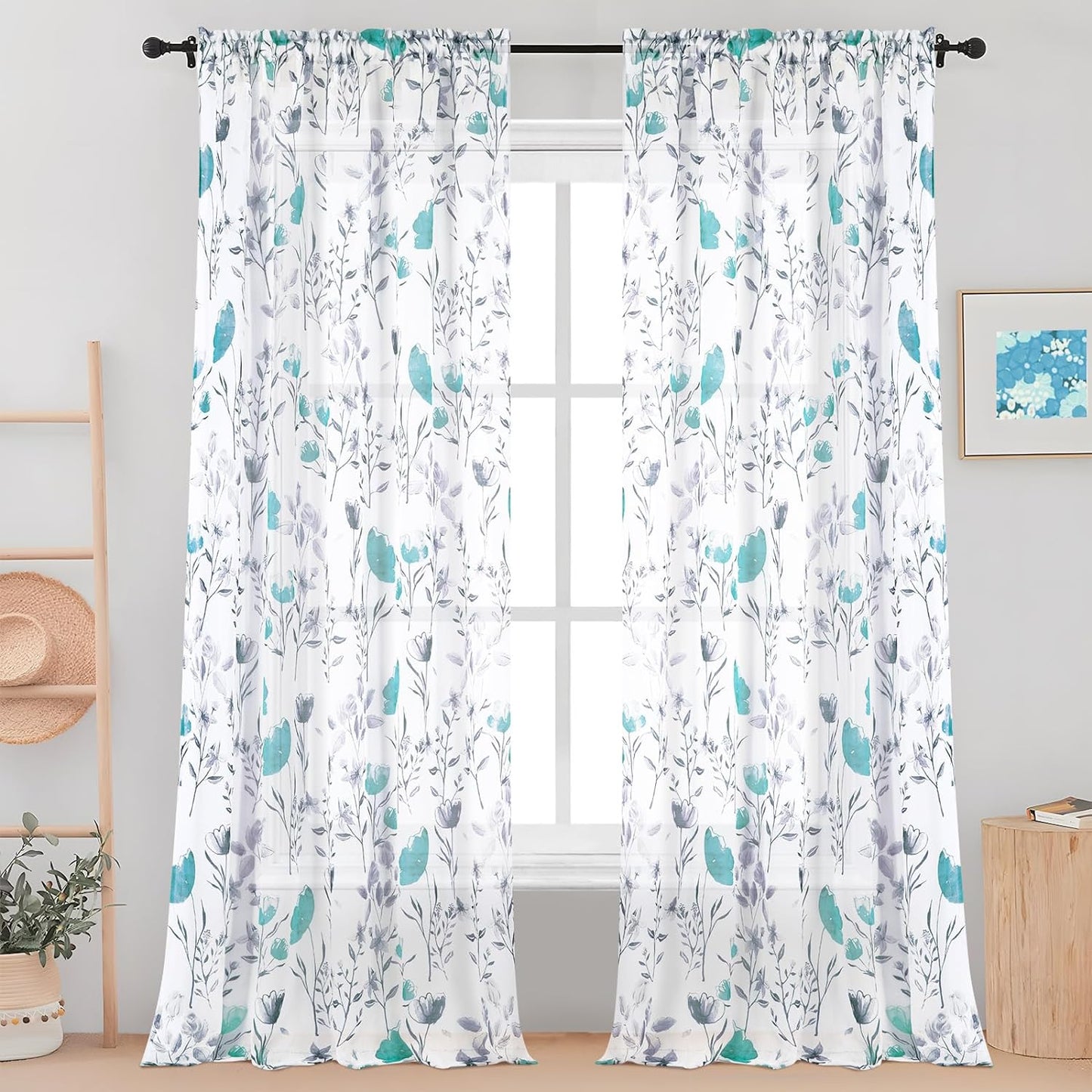 Likiyol Floral Kithchen Curtains 36 Inch Watercolor Flower Leaves Tier Curtains, Yellow and Gray Floral Cafe Curtains, Rod Pocket Small Window Curtain for Cafe Bathroom Bedroom Drapes  Likiyol Teal Sheer 84"L X 52"W 