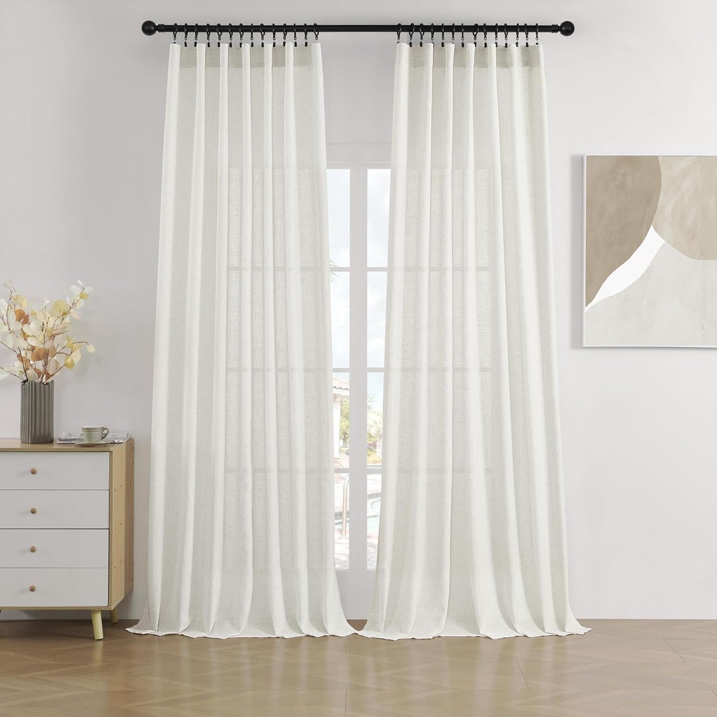 Joydeco Linen Curtains for Living Room,Semi-Sheer Curtains 108 Inches Long,Living Room Curtains 2 Panel Sets,White Curtains Pinch Pleated Curtains & Drapes(W52 X L108 Inch, Off-White)  Joydeco Off-White 52W X 90L Inch X 2 Panels 