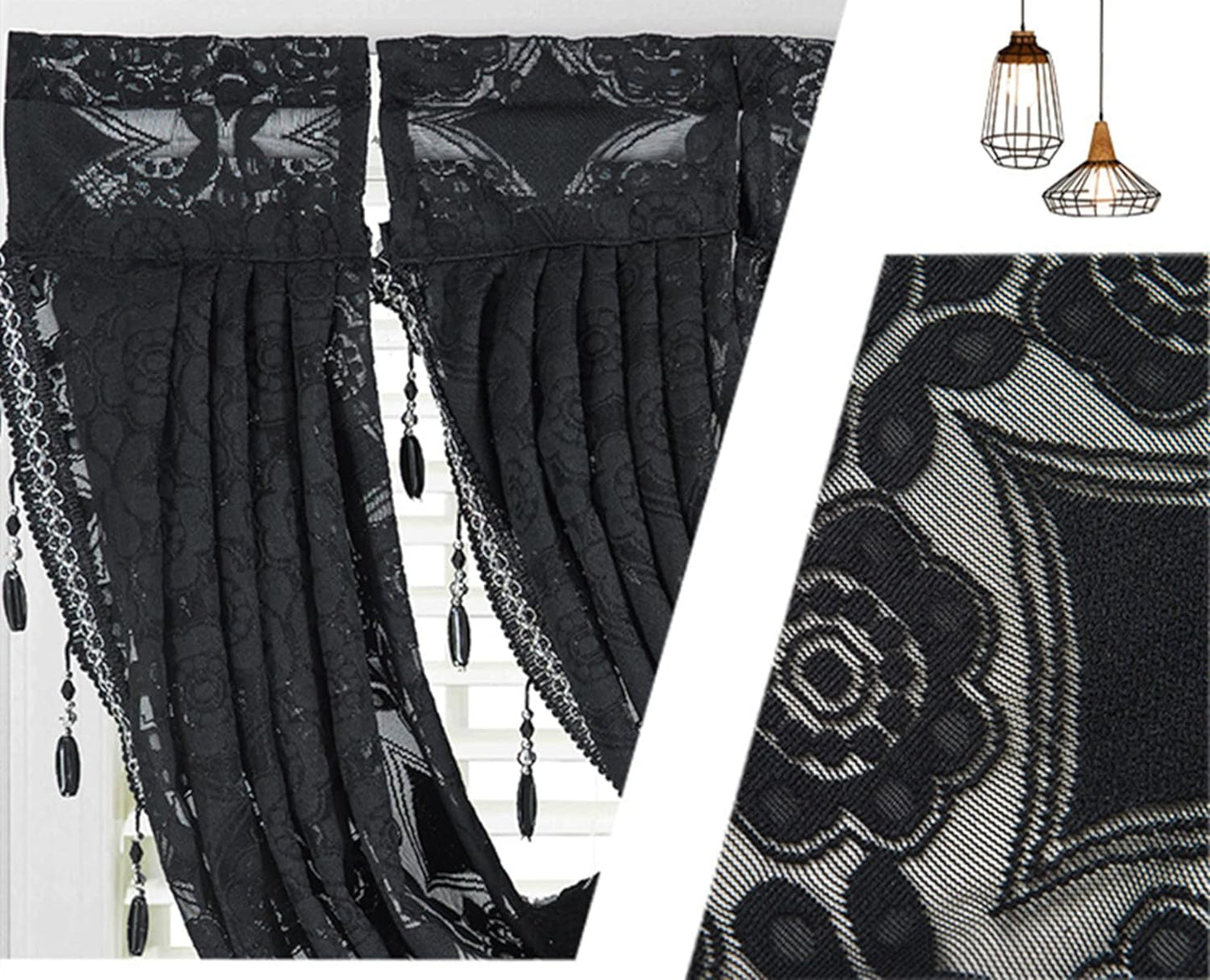 ABREEZE Waterfall Valance Sheer Curtains,Black Lace Floral Luxury Beaded Valance Sheer Window Curtain with Tassel Rod Pocket Valance Drapes,57W X 37L Inch,1 Panel