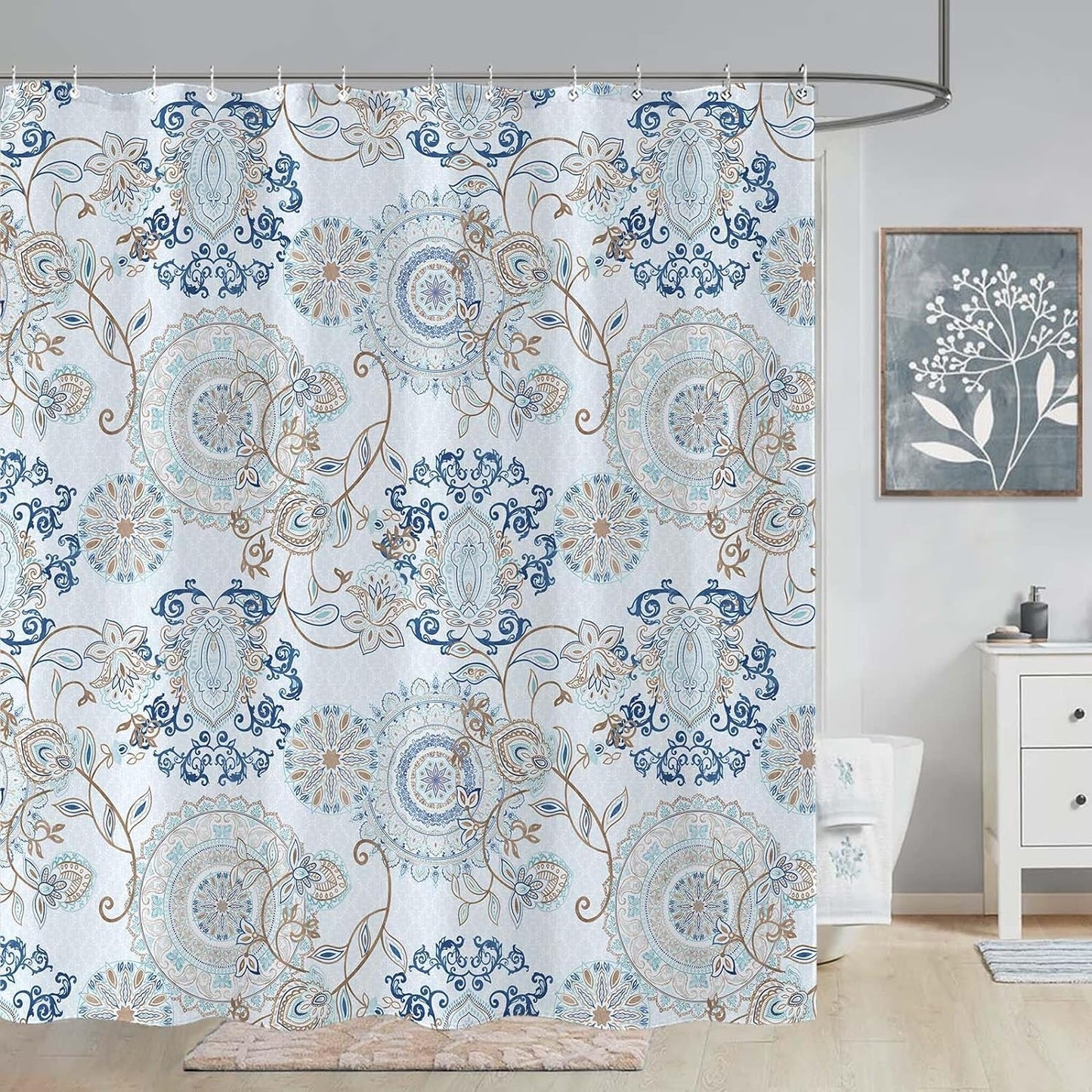Light Blue and Navy Paisley Shower Curtain, Cool Teal Design Floral Bathroom Curtain Shower Curtains 72×72 Inches