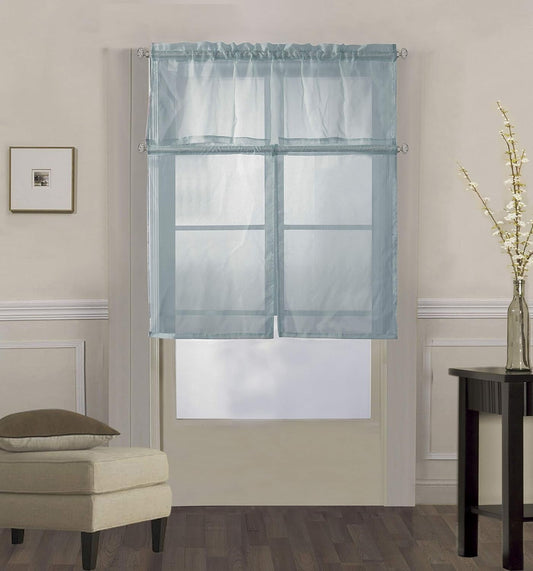 3 Piece Solid Sheer Voile Kitchen Window Curtain Tier & Valance Set (36" Tiers with 18" Straight Valance, Slate Blue)
