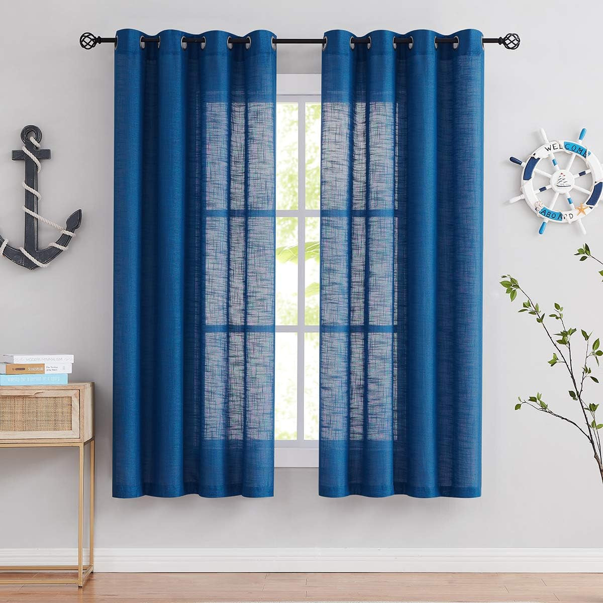 FMFUNCTEX Natural Semi-Sheer Curtains for Living Room Rich Linen Textured Look Window Curtain Draperies 52”W X63”L 2 Panels Grommet Top  Fmfunctex Blue 52" X 63" 2Pcs 