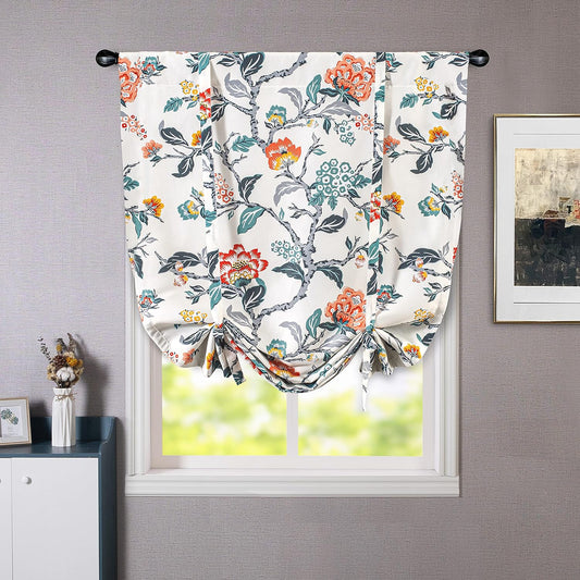 Driftaway Ada Botanical Print Lined Flower Leaf Tie up Curtain Thermal Insulated Privacy Blackout Window Adjustable Balloon Curtain Shade Rod Pocket Single 39 Inch by 55 Inch Ivory Orange Teal  DriftAway 1 39"X55" 