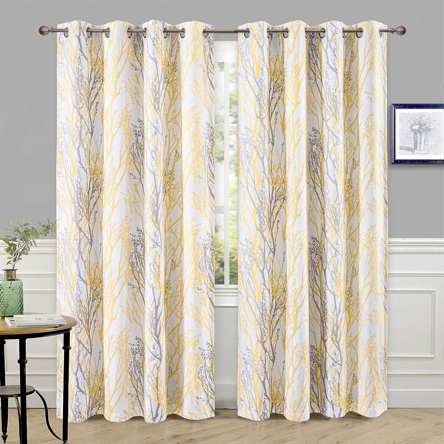 Driftaway Gray White Tree Branch Blackout Curtains for Bedroom Curtains 84 Inch Length 2 Panels Set Grey Branch Lined Window Treatment Thermal Grommet Top Curtain for Living Room Winter Warm Curtain  DriftAway Tree Branch-Yellow 52"X84" 