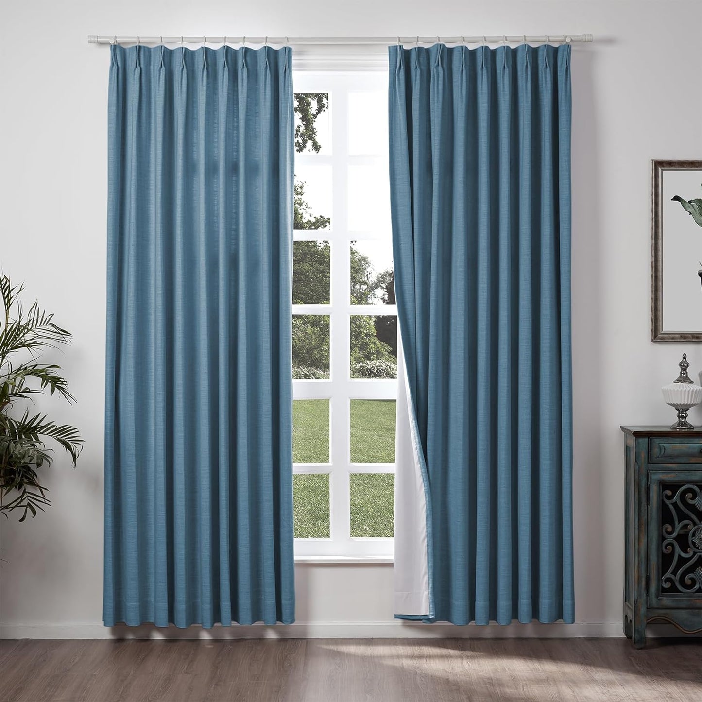 Chadmade 50" W X 63" L Polyester Linen Drape with Blackout Lining Pinch Pleat Curtain for Sliding Door Patio Door Living Room Bedroom, (1 Panel) Sand Beige Tallis Collection  ChadMade Aegean Blue (35) 100Wx84L 