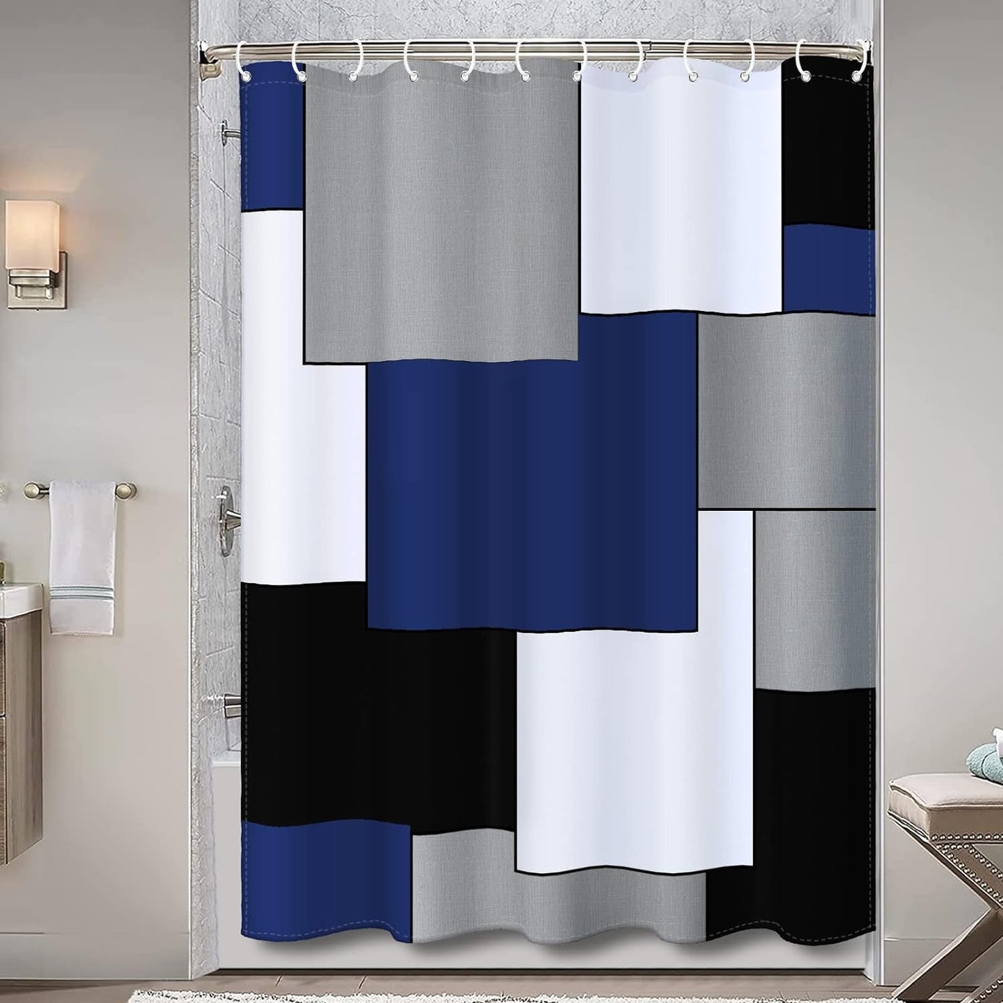 Navy Blue Shower Curtain Modern Bathroom Accessories Decor Black and Gray Shower Curtain Set with 12 Hooks 72X72 Inches