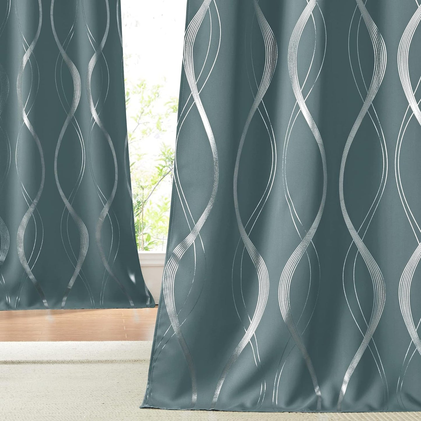 NICETOWN Grey Blackout Curtains 84 Inch Length 2 Panels Set for Bedroom/Living Room, Noise Reducing Thermal Insulated Wave Line Foil Print Drapes for Patio Sliding Glass Door (52 X 84, Gray)  NICETOWN Greyish Blue 52"W X 84"L 