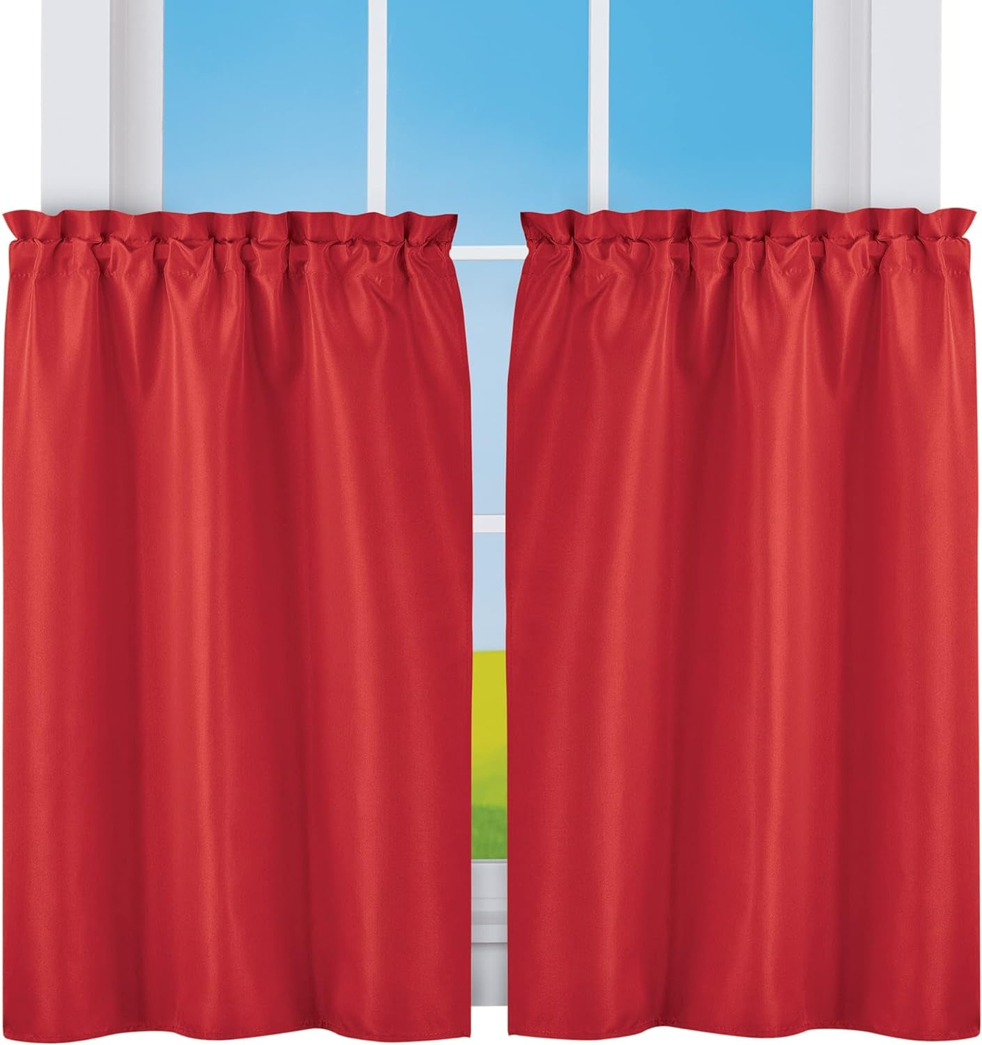 Collections Etc 5-Piece Ruffled Trim Tiers & Panels Window Curtain Set  Winston Brands Red 36"L Tiers 