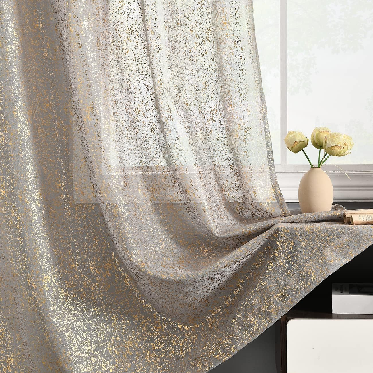 TERLYTEX Black and Silver Curtains 72 Inch Length - Metallic Silver Foil Spray Dots Glitter Sheer Curtains for Living Room, Privacy Sparkle Curtains for Windows, 52 X 72 Inch, 2 Panels, Black Silver  TERLYTEX Gold Grey W52 X L45 Inch|Pair 