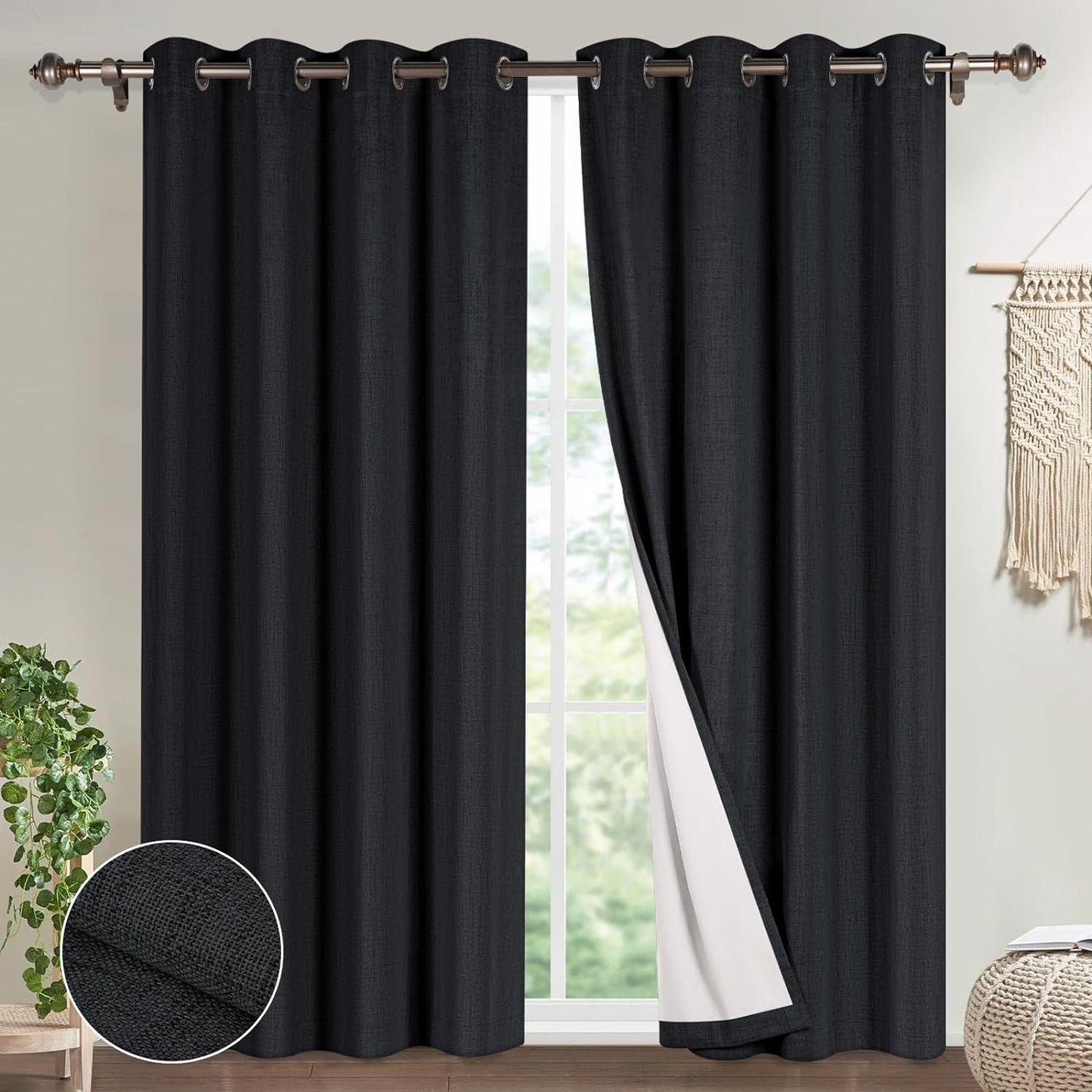 Timeles 100% Blackout Window Curtains 84 Inch Length for Living Room Textured Linen Curtains Sliver Grommet Pinch Pleated Room Darkening Curtain with White Liner/Ties(2 Panel W52 X L84, Ivory)  Timeles Black W52" X L82" 