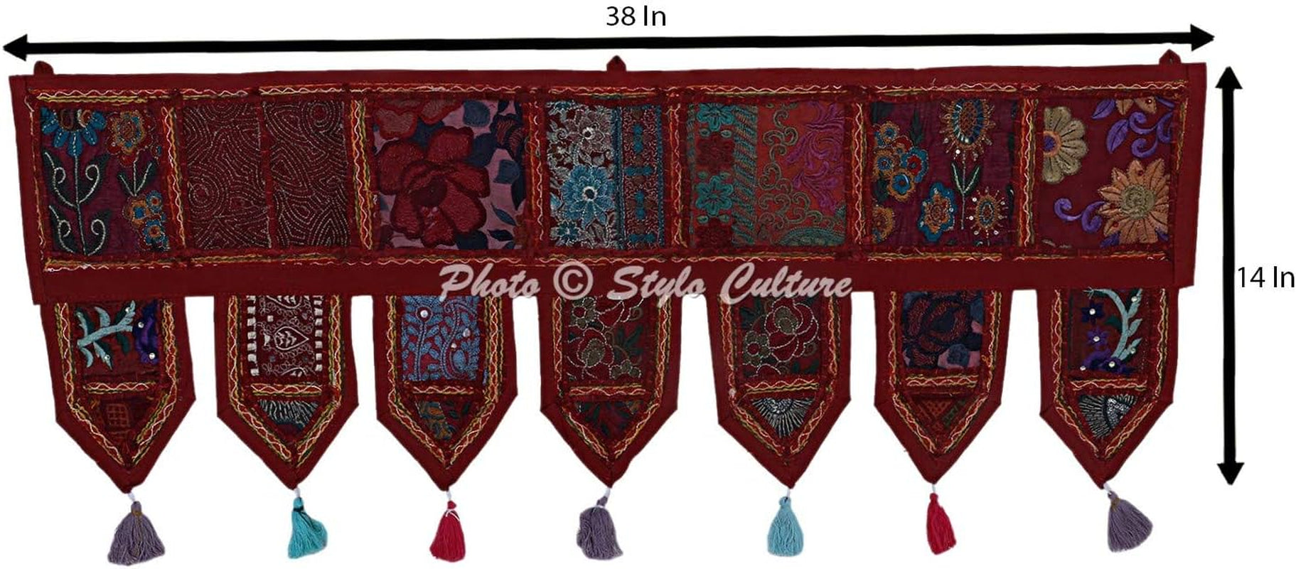 Ethnic Cotton Window Valance Kids Maroon Vintage Embroidered Patchwork Tassels Floral Scarf Curtain Topper Living Room Swag Curtain Door Hanging Toran | 38 X 14 Inches