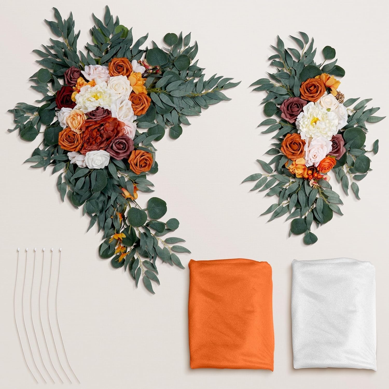 Arch Flowers with Drapes Kit (Pack of 4) - 2 Pcs Artificial Ivory & White Floral Swag Arrangement - 2Pcs 24″ Draping Fabric for Wedding Ceremony Arbor and Reception Backdrop Decoration - Orange