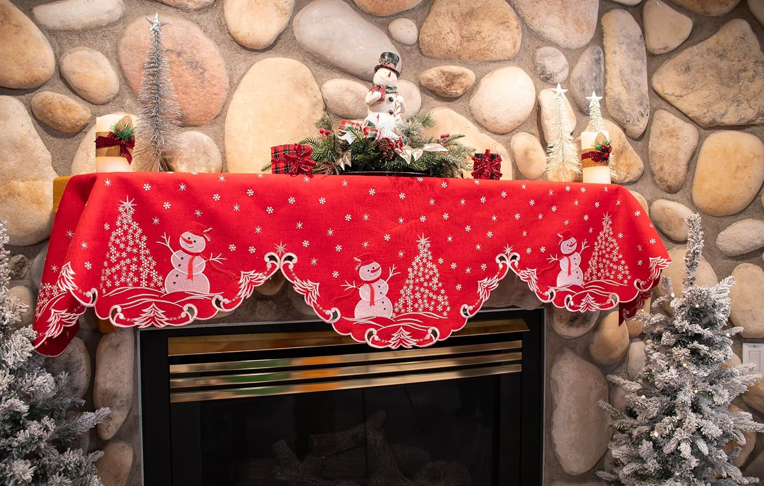 Embroidered Christmas Beautifully Elegant Silver Star Topped Trees and Snowman on Red Linen Fireplace Mantel Scarf Large Window Valance Mantel Decor (18Wx88L)