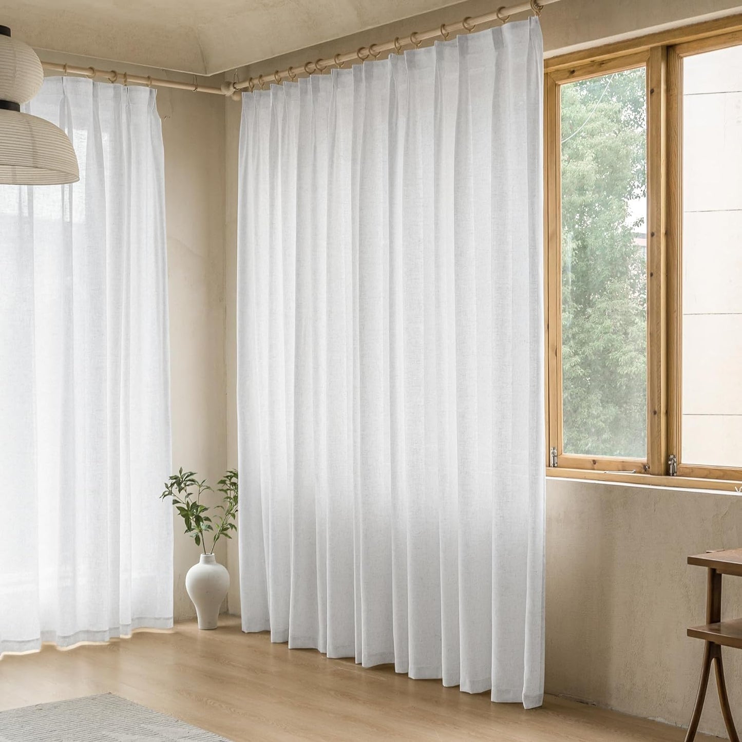 MAIHER Extra Wide Pinch Pleated Drapes 108 Inches Long, Faux Linen Light Filtering Semi Sheer Curtains with Hooks for Living Room Bedroom, Natural Linen (1 Panel, 100 W X 108 L)  MAIHER Beige White 54X120 
