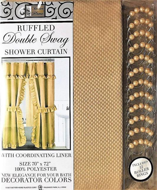 Better Home Mosaic Double Swag Fabric Shower Curtain, with Vinyl Liner and 12 Rolling Rings, 2 Tie Backs (Tan)