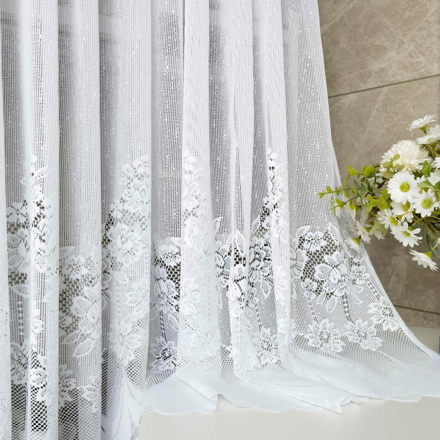 1 Panel Short Lace Curtains Valance for Kitchen Bathroom White Sheer Floral Cafe Curtains 35 Inch Length Scalloped Bottom Curtain Tiers Tulle Voile Window Treatment Rod Pocket Top W39 X L35 Inches