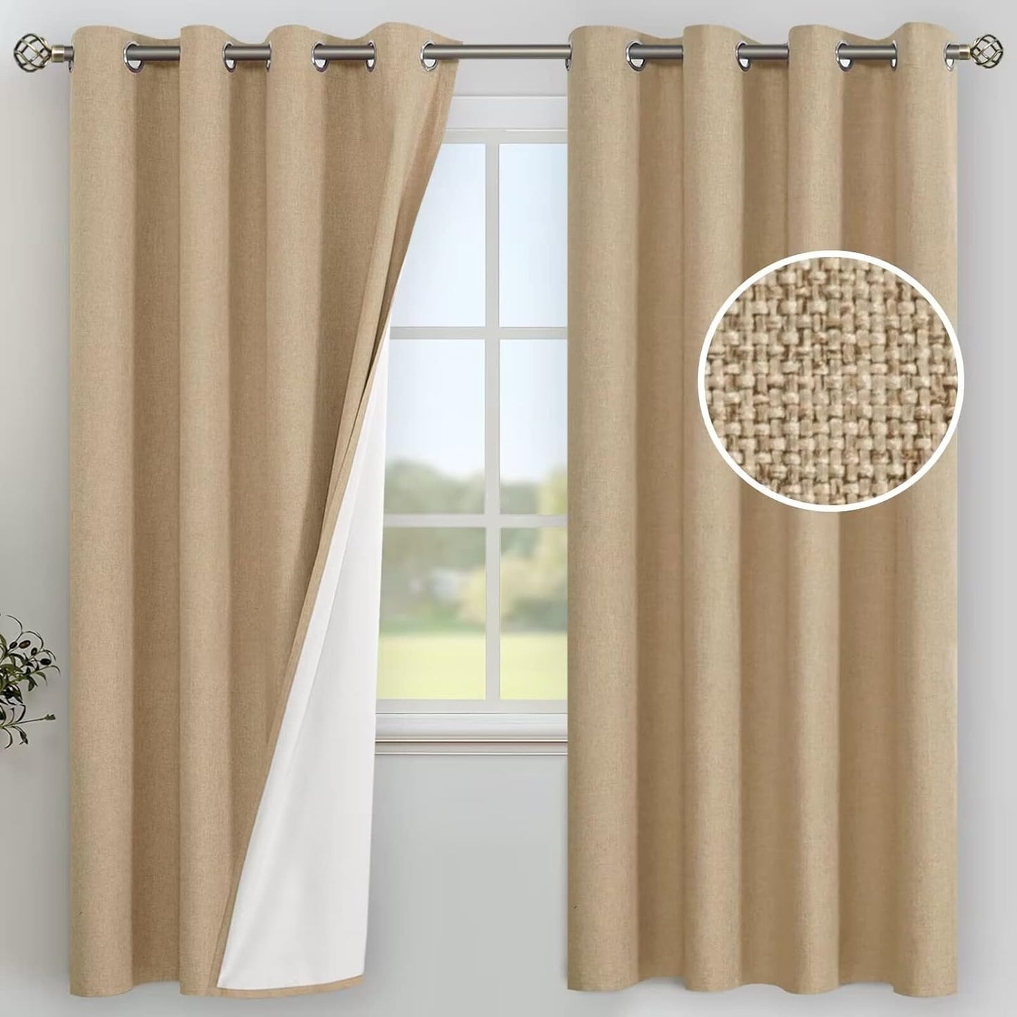 Youngstex Linen Blackout Curtains 63 Inches Long, Grommet Full Room Darkening Linen Window Drapes Thermal Insulated for Living Room Bedroom, 2 Panels, 52 X 63 Inch, Linen  YoungsTex Khaki 52W X 72L 