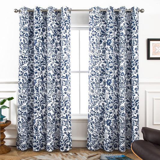 Driftaway Julia Watercolor Blackout Room Darkening Grommet Lined Thermal Insulated Energy Saving Window Curtains 2 Layers 2 Panels Each Size 52 Inch by 84 Inch Navy  DriftAway Navy 52'' X 84'' 
