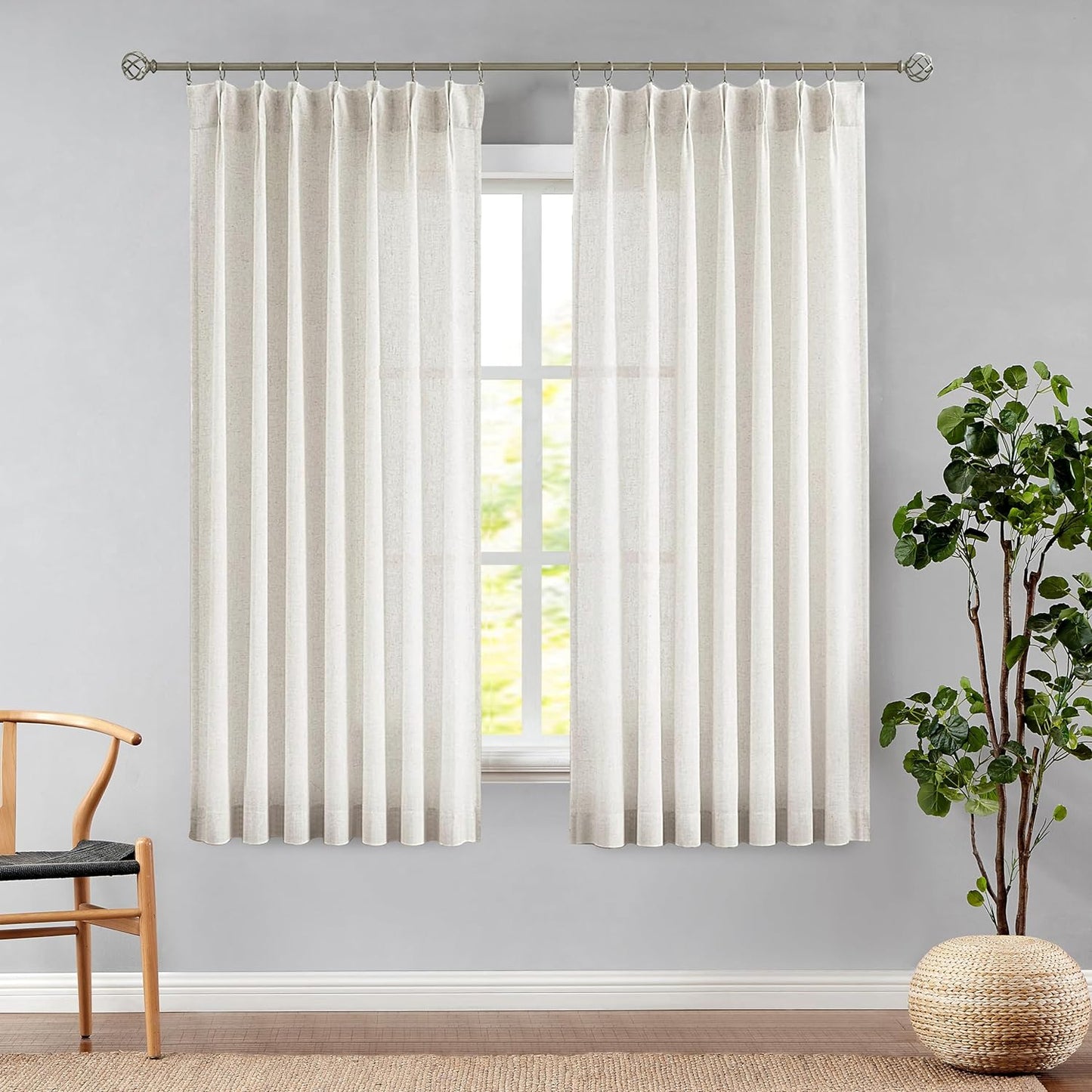 Central Park White Pinch Pleat Sheer Curtain 108 Inches Extra Long Textured Farmhouse Window Treatment Drapery Sets for Living Room Bedroom, 40"X108"X2  Central Park Linen/Pinch 40"X72"X2 