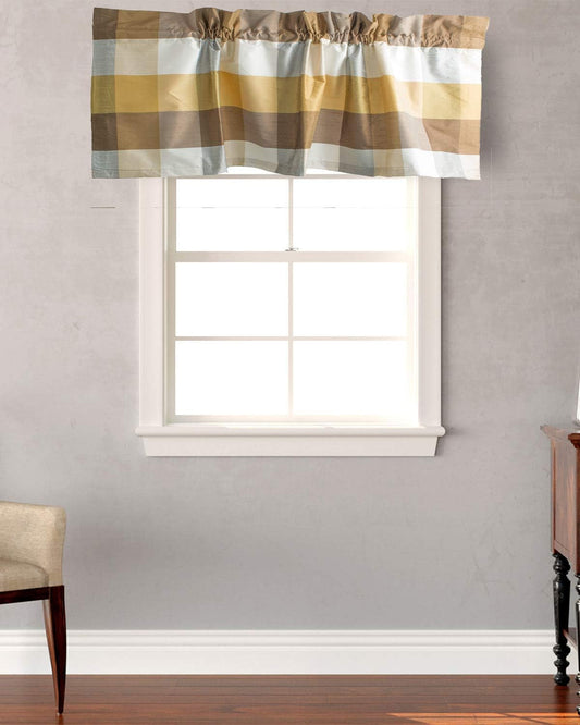 Buffalo Checks Faux Silk Brown Gold 4" Checkered Lined Rod Pocket with Header 18" Drop Kitchen Window Valances Scarf Curtain