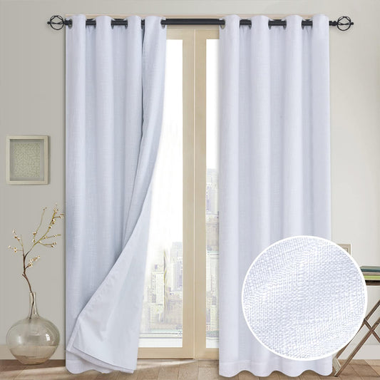 RHF 100% White Blackout Curtains for Bedroom 84 Inches Long (With Liner), White Linen Blackout Curtains for Living Room 2 Panels Set, Grommet Curtains & Drapes, Burlap Curtains- 2 Panels, 50X84  Rose Home Fashion White W50 X L108 
