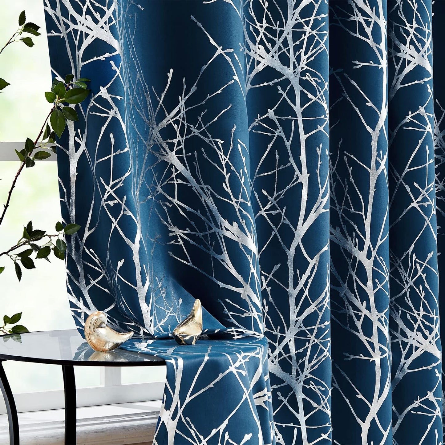 FMFUNCTEX Metallic Tree Blackout Curtains Bedroom Grey 84-Inch Living-Room Branch Print Curtain Panels Forest Triple Weave Thermal Insulated Drapes for Windows Dorm Hotel Grommet Top, 2Panels  Fmfunctex Silver /Navy Blue 50"W X 63"L 2Pcs 