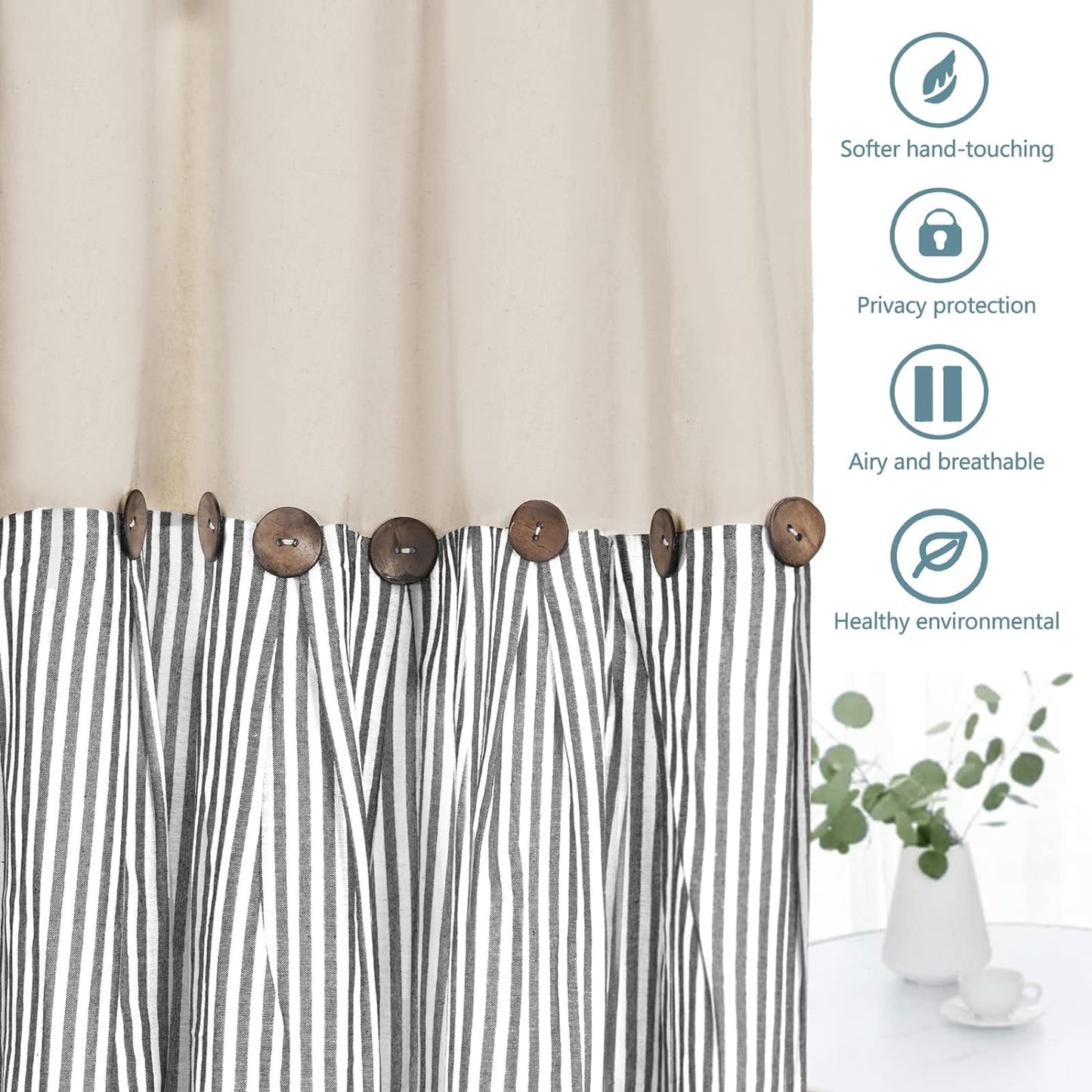 Cotton Linen Farmhouse Curtains Boho Rustic Button Curtains Natural and Dark Grey Stripe Color Block Curtain Rod Pocket & Back Tab Window Drapes for Bedroom Living Room(52 X 84 Inch, 2 Panels)  BLEUM CADE   