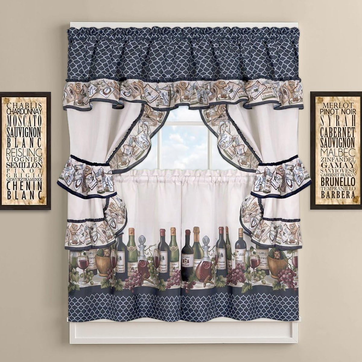 Sweet Home Collection Ruffled Valance 4 Piece Kitchen Curtain Set, 36 In  Sweet Home Collection Navy 24 In Tier Set 