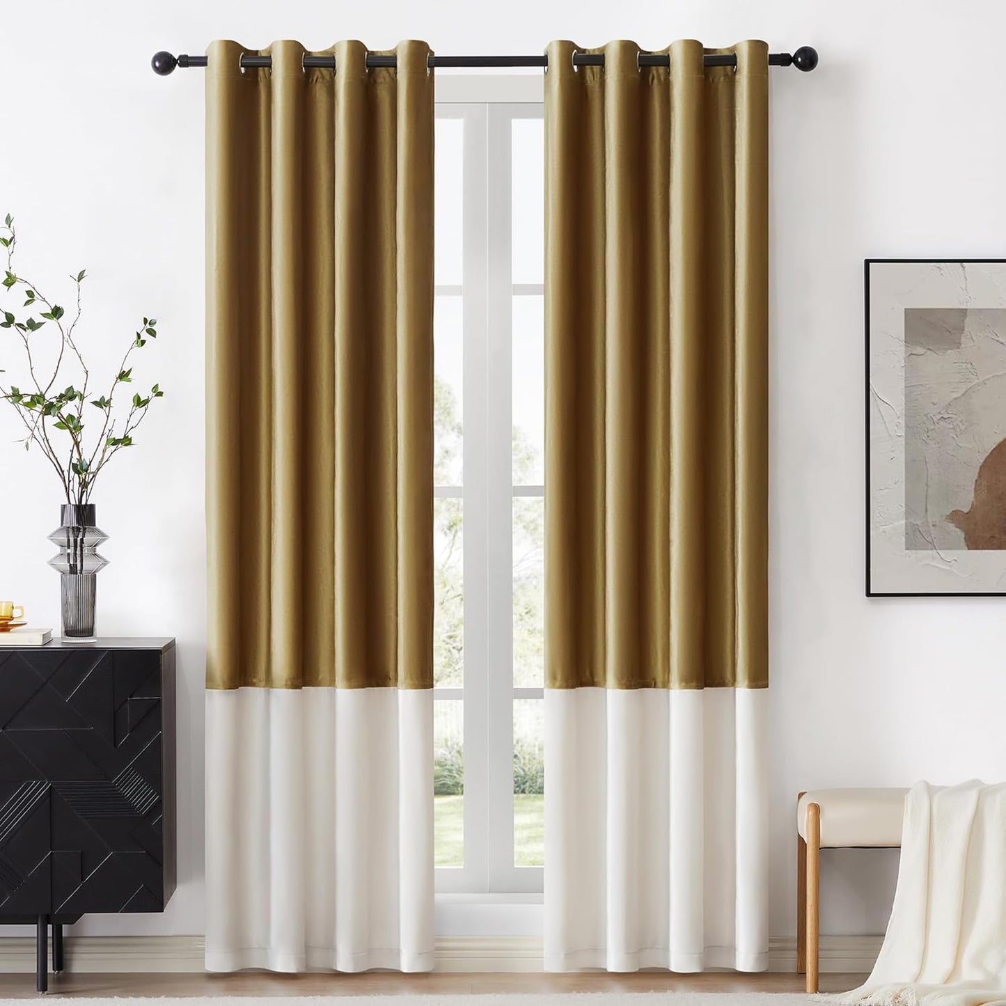 BULBUL Color Block Window Curtains Panels 84 Inches Long Cream Ivory Gold Velvet Farmhouse Drapes for Bedroom Living Room Darkening Treatment with Grommet Set of 2  BULBUL Gold  Cream 52"W X 84"L 