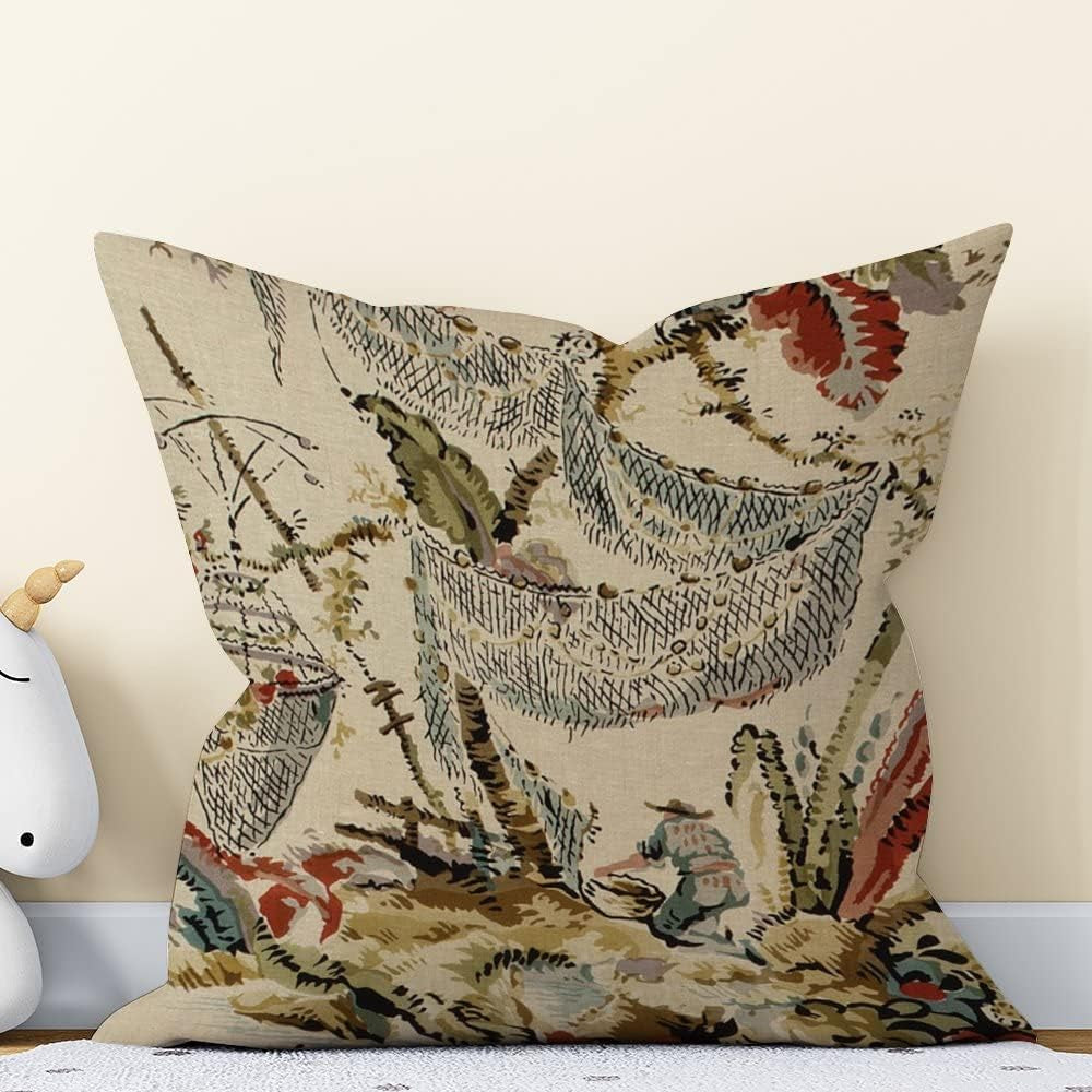 Aroggeld Antique Chinoiserie Asian Cushion Cover Farmer Men Working Pillow Cover Home Decorative Double Side Pillow Farmhouse Toss Daily Family Accent Pillow for Sofa Couch Bedroom 18Inch Linen