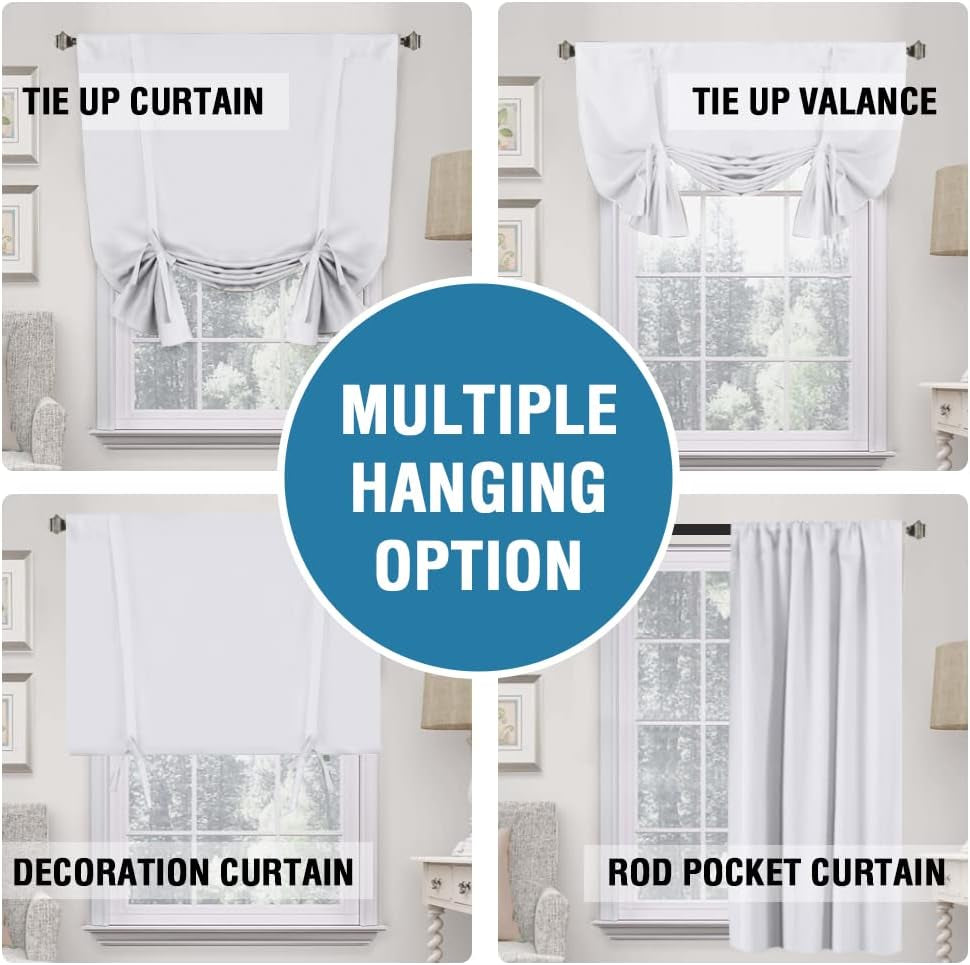 H.VERSAILTEX 100% Blackout Tie up Curtains for Bedroom Thermal Insulated Kitchen Curtains 45 Inches Long Rod Pocket Blackout Curtains for Small Window / Bathroom with Black Liner, White 42"W X 45"L  H.VERSAILTEX   