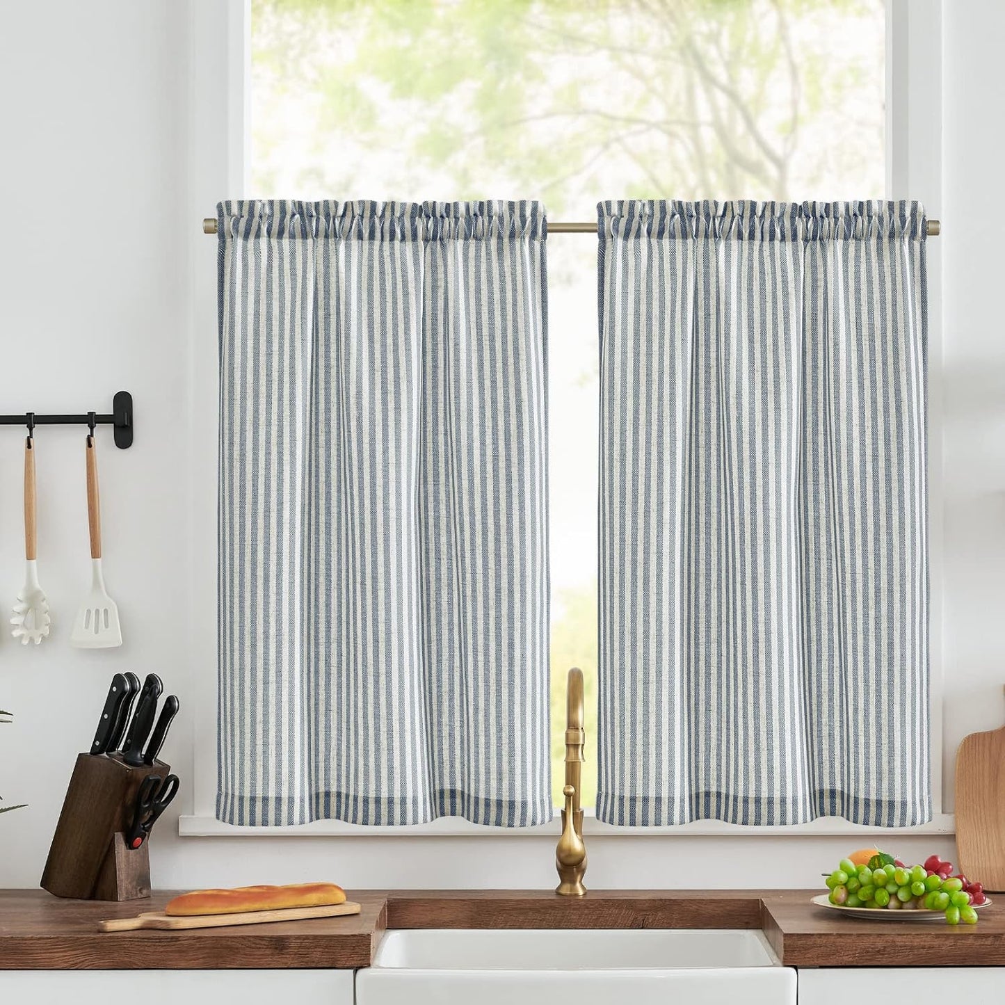 Jinchan Kitchen Curtains Striped Tier Curtains Ticking Stripe Linen Curtains Pinstripe Cafe Curtains 24 Inch Length for Living Room Bathroom Farmhouse Curtains Rod Pocket 2 Panels Black on Beige  CKNY HOME FASHION Rod Pocket Striped Blue W26 X L45 
