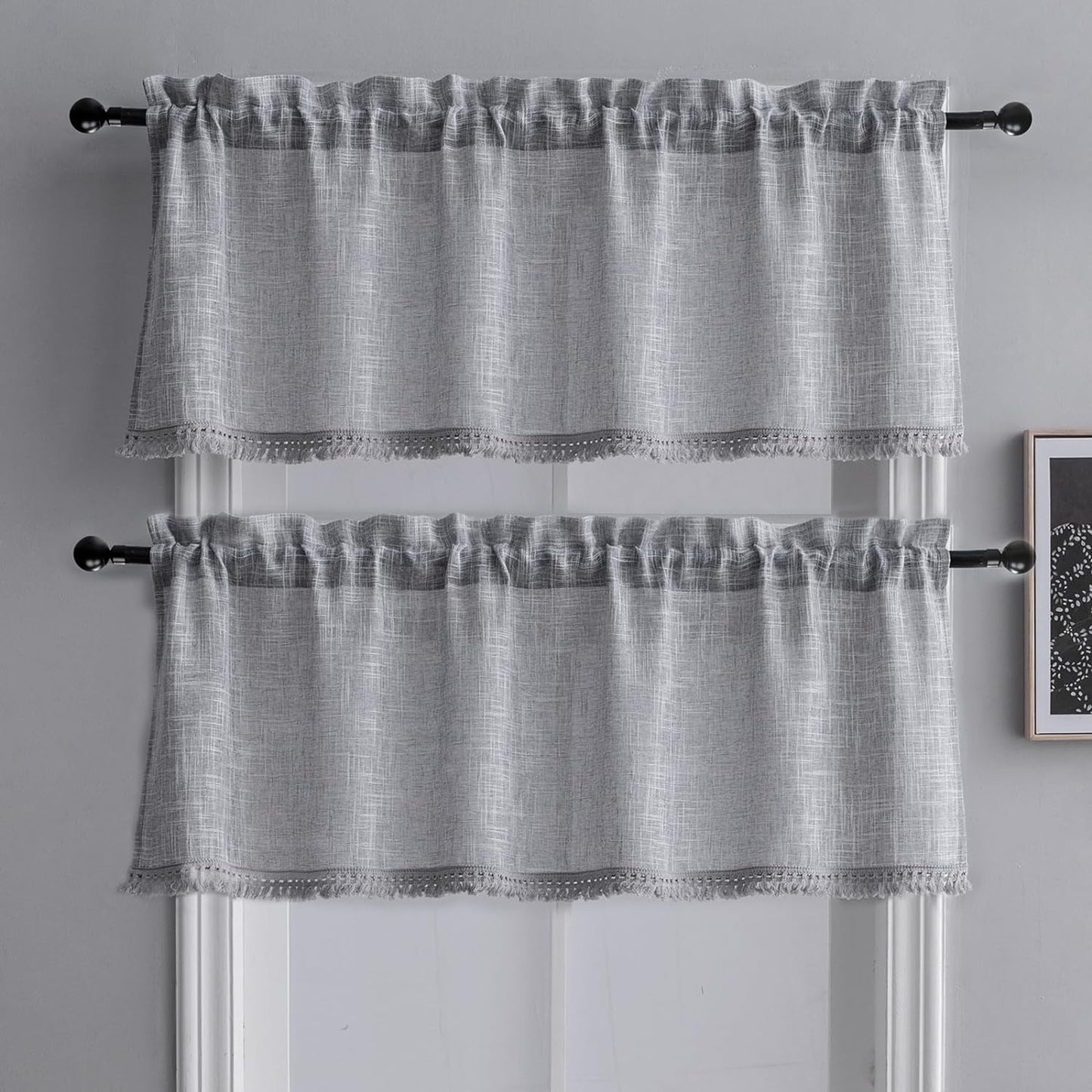 Beda Home Tassel Linen Textured Swag Curtain Valance for Farmhouses’ Kitchen; Light Filtering Rustic Short Swag Topper for Small Windows Bedroom Privacy Added Rod Pocket Design(Nature 36X63-2Pcs)  BD BEDA HOME Grey 52Wx18L - 2 Pcs 