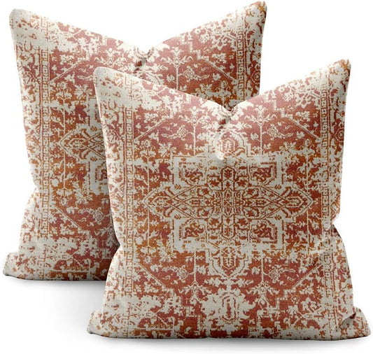 Boho Pillow Covers 18X18 Set of 2,Orange Pattern Throw Pillow Covers Outdoor Decorative Linen Pillow Covers for Couch Bed Sofa Cushion Boho Pillowcases