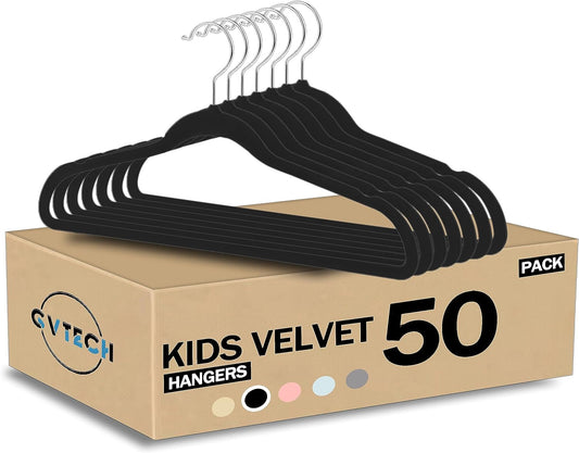 Kids Hangers Velvet, [50 Pack] Children Cloth Durable Baby Hangers for Closet - Perfect Infant Toddler Kid Hanger for Everyday Use, Non Slip 360° Hooks for Shirt, Pant, Dress (Black)