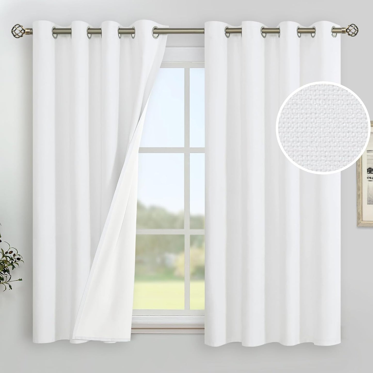 Youngstex Linen Blackout Curtains 63 Inches Long, Grommet Full Room Darkening Linen Window Drapes Thermal Insulated for Living Room Bedroom, 2 Panels, 52 X 63 Inch, Linen  YoungsTex White 52W X 45L 