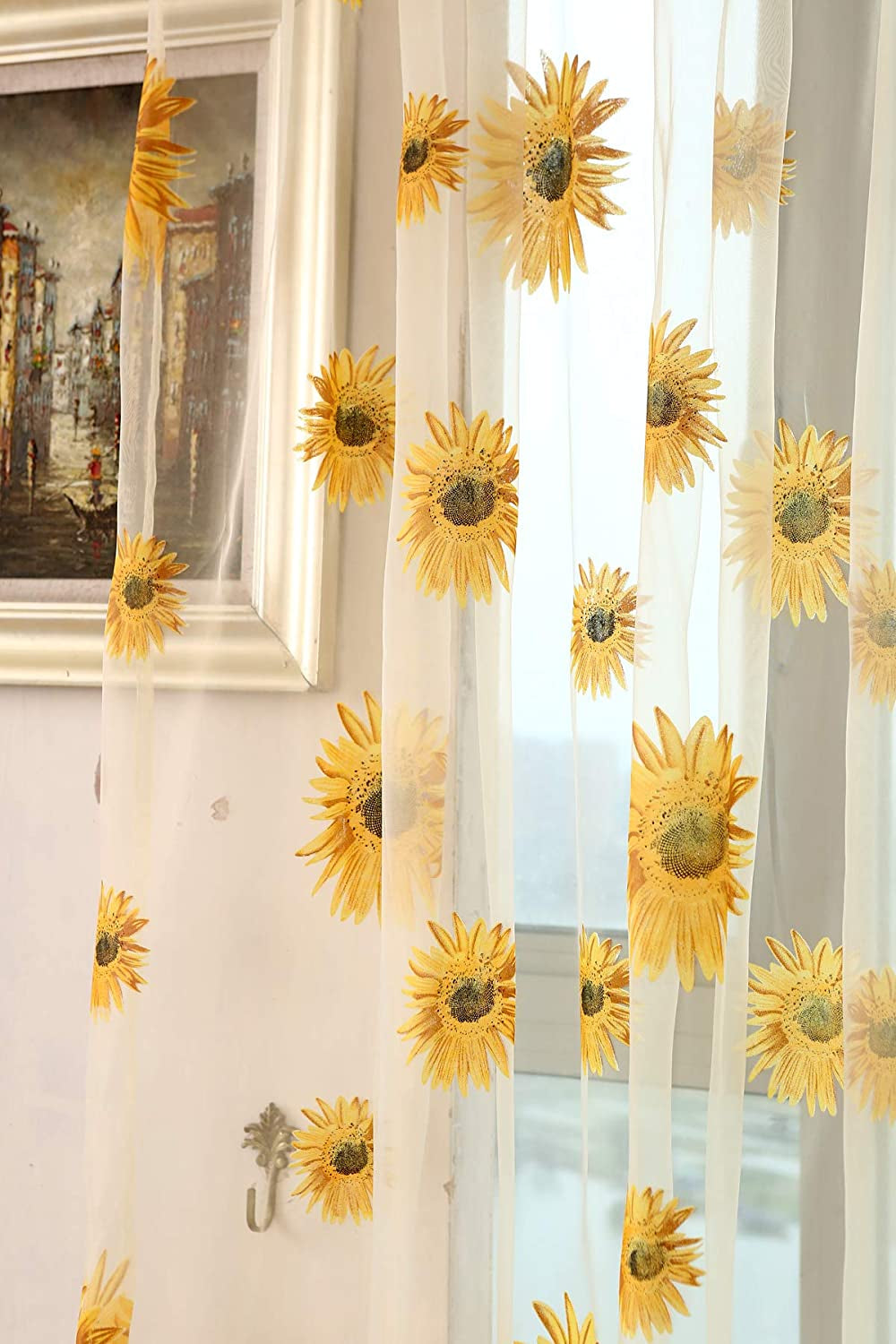 2PCS Sunflower Curtains Kitchen Decor Yellow Sheer Curtains for Small Window Voile Room Scarf Door Bed Drape Panels for Bedroom Living Room Floral Drape Panel (Yellow)  Wirhlly   