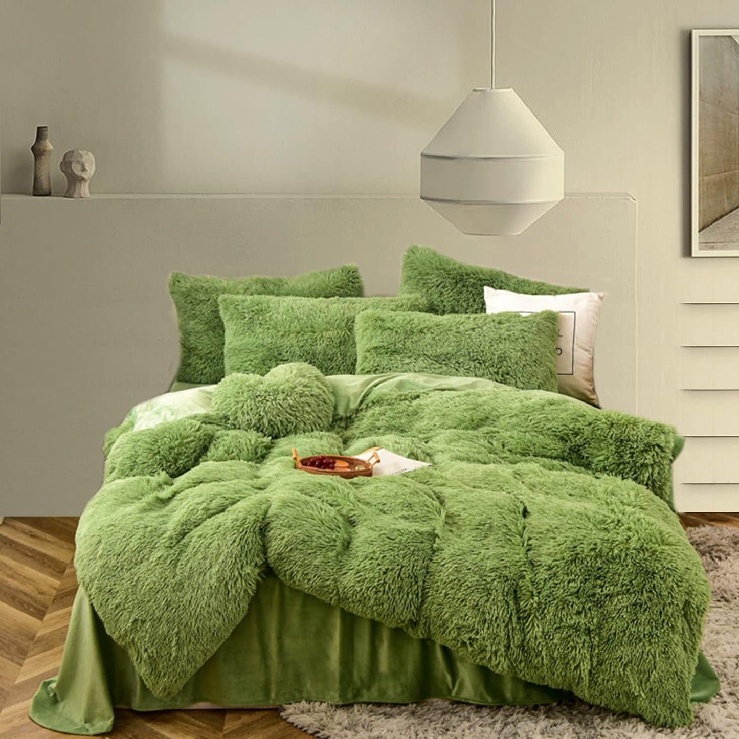 Morromorn Fluffy Comforter Duvet Cover Set, 5 Pcs Bedding Sets Faux Fur Plush Velvet Shaggy Ultra Soft Luxury for King Cal King Size Black