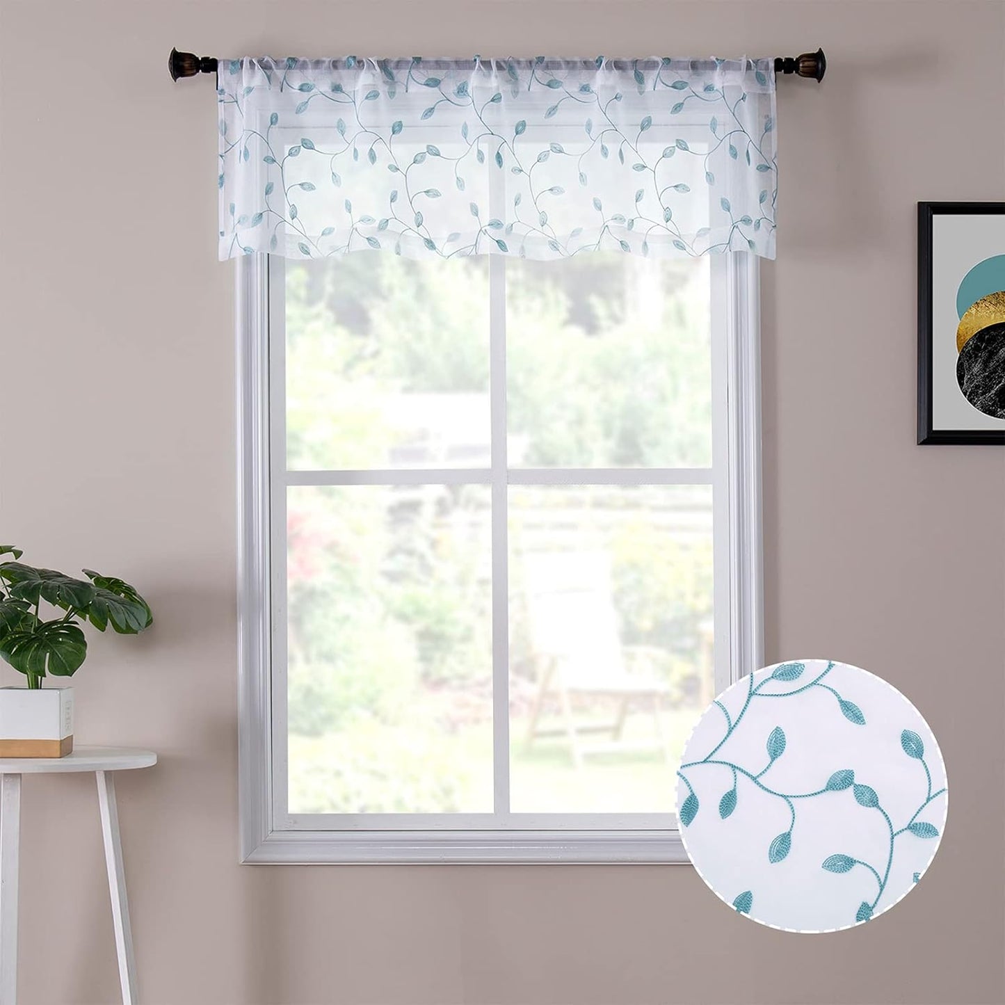 Tollpiz Leaves Sheer Valance Curtains White Leaf Embroidery Bedroom Curtain Rod Pocket Voile Curtains for Living Room, 54 X 16 Inches Long, Set of 1 Panel  Tollpiz Tex Teal Blue 54"W X 16"L 