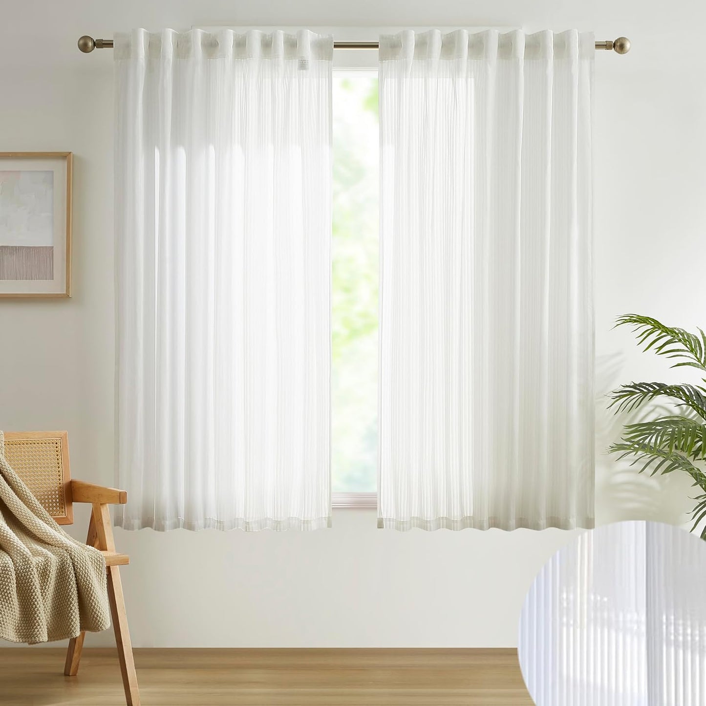 Beauoop Striped Sheer Window Curtain Panels for Living Room Bedroom 108 Inch Long Light Filtering Sheer Voile Drapes Chiffon Back Tab Rod Pocket Pleat Taped Window Treatment Set, 2 Panels, 52"W, White  Beauoop White 52"X63"X2 