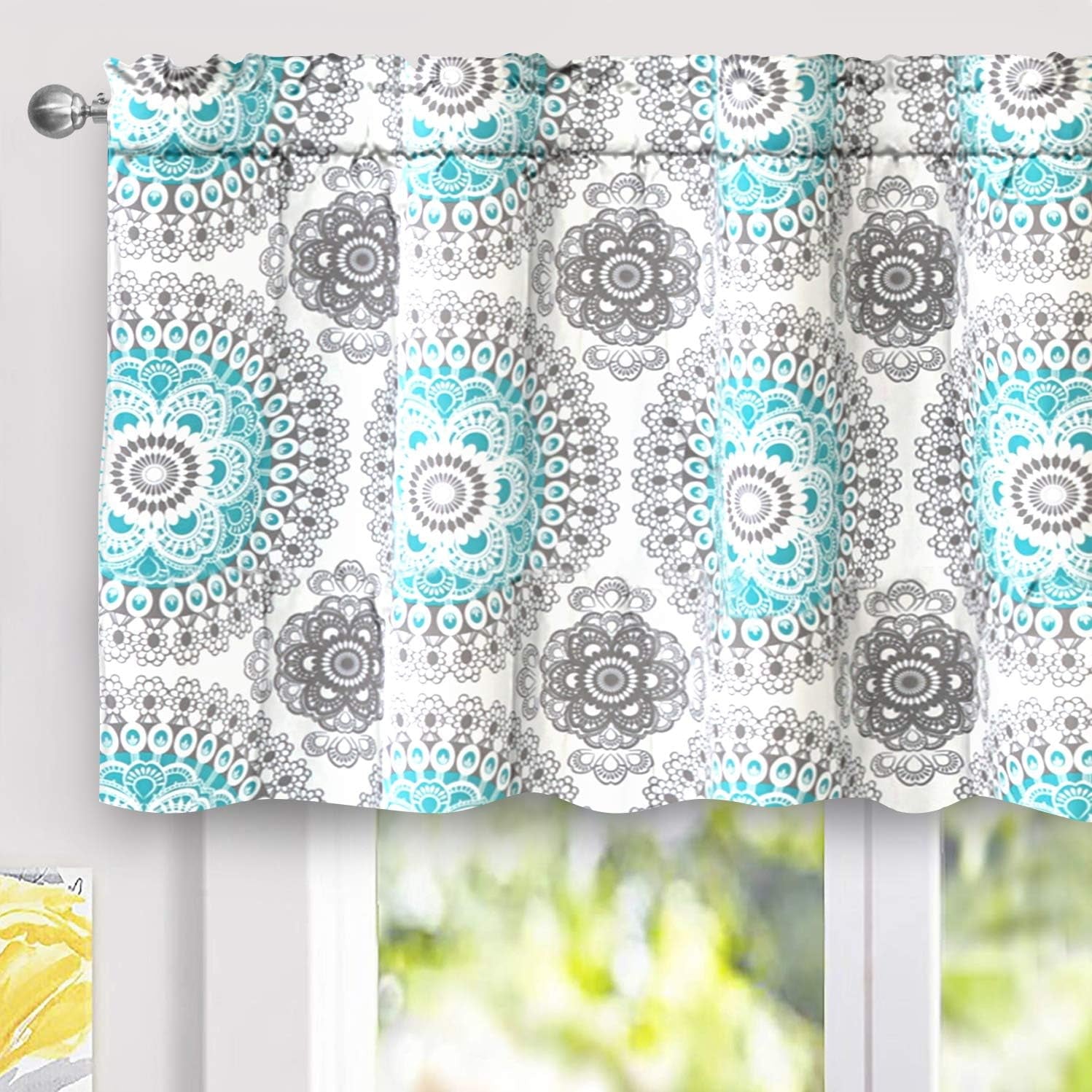 Driftaway Curtains for Bedroom Boho Bella Medallion Pattern Room Darkening Window Curtain Valance Short Curtain for Kitchen Living Room 52 Inch by 18 Inch Aqua and Gray Single
