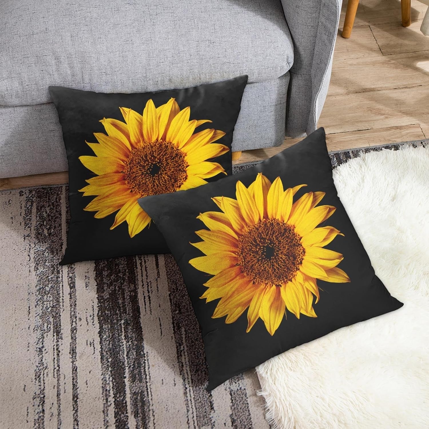 Emvency Set of 2 Sunflower Throw Pillow Covers Yellow Black Sun Flowers Decor Pillowcases Polyester 18 X 18 Inch Square Hidden Zipper Home Cushion Decorative Pillowcase