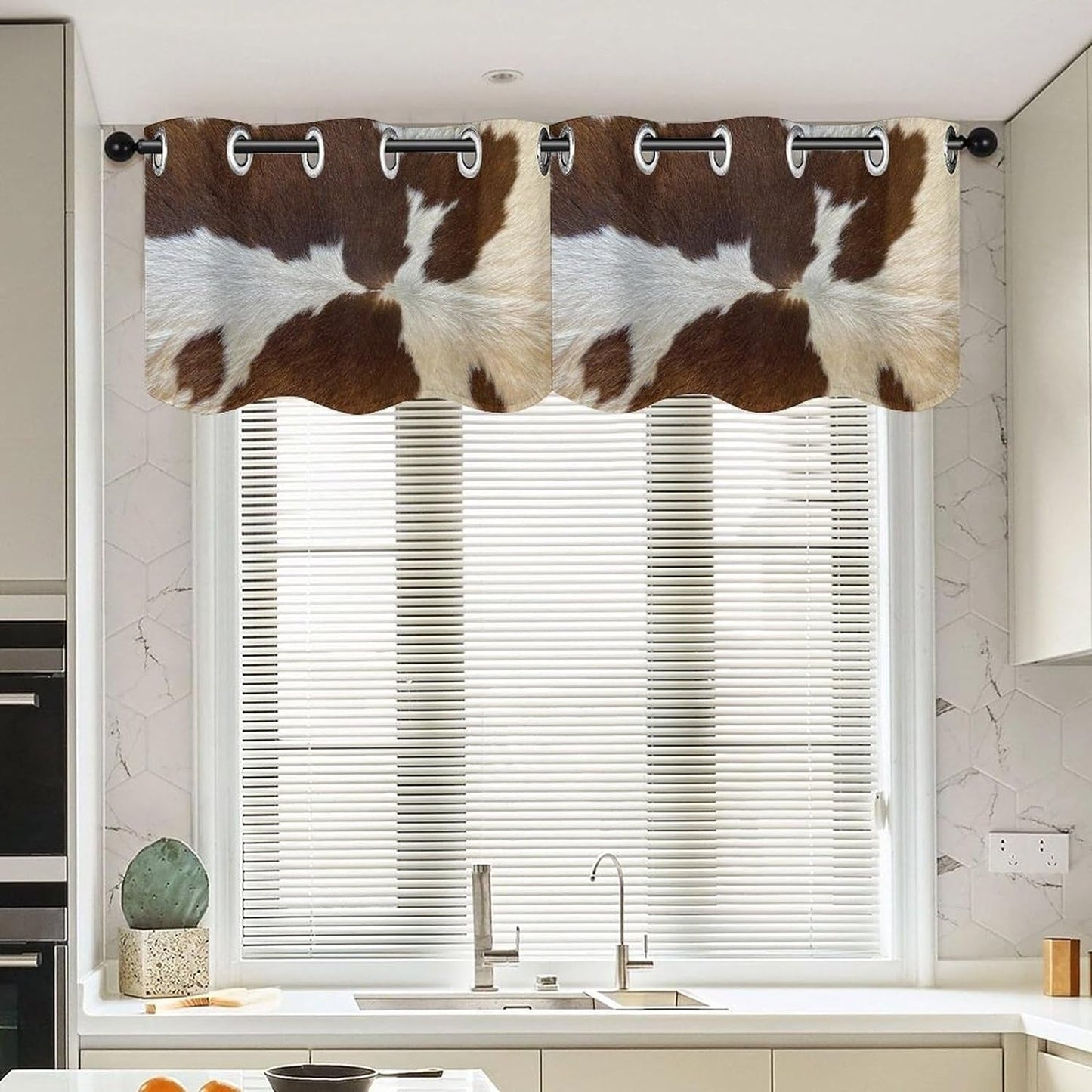 2 Panels Kitchen Curtain Valance Western Cow Hide Print Valance Curtain for Kitchen Bathroom Living Room Bedroom Windows Blackout Decorative Grommet Short Valance 52W X 18L